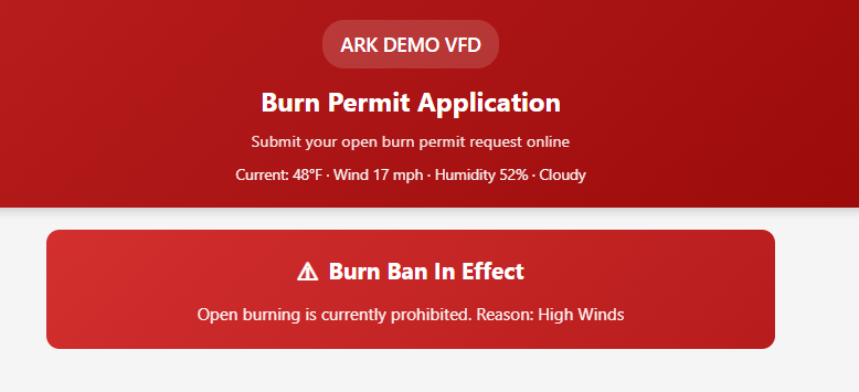 Burn ban alert shown to residents on the public permit portal