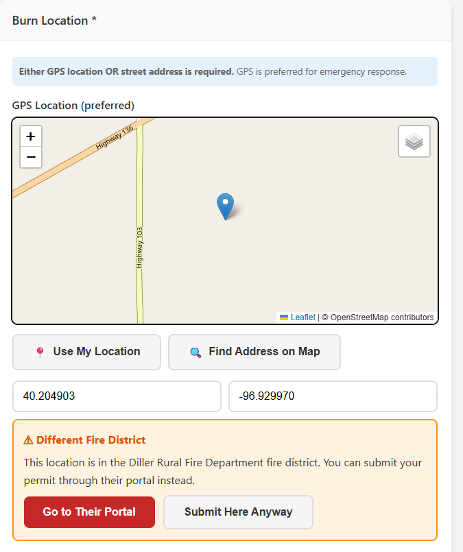 District auto-routing detects the burn location is in Diller Rural Fire Department's district and offers to redirect the permit